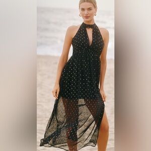 Celandine Beach Disco Plunging Maxi Dress Black Gold | NWT | Size Large